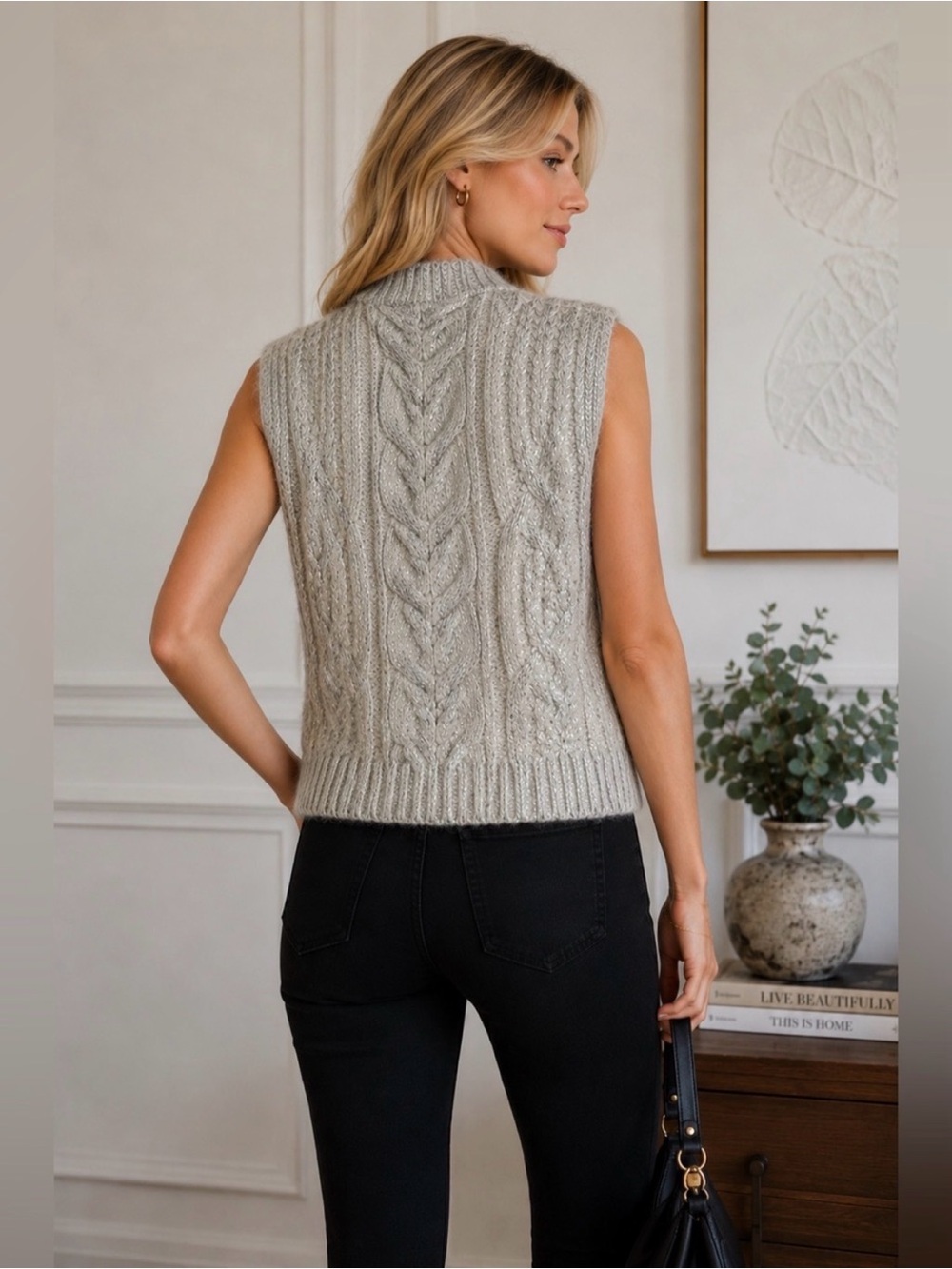 Zara Metallic Cable Knit Sweater Vest Mock Neck Chunky Knit | NWOT Size Large - Picture 3 of 7